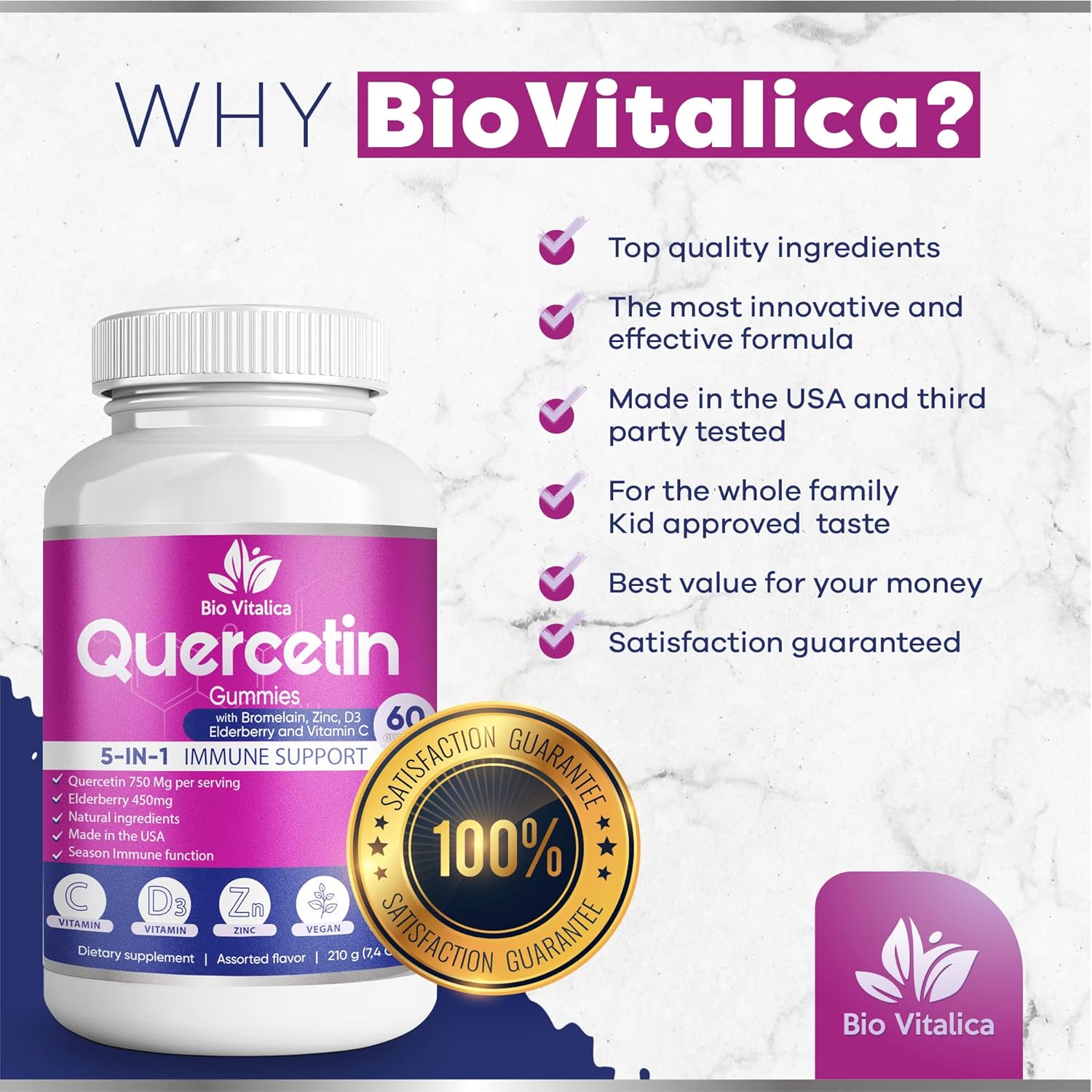 BIO VITALICA Quercetin Gummies with Bromelain, Vitamin C, Zinc, Elderberry, and D3 - Immune Support for Kids & Adults - 750mg Quercetin - 5-in-1 Formula