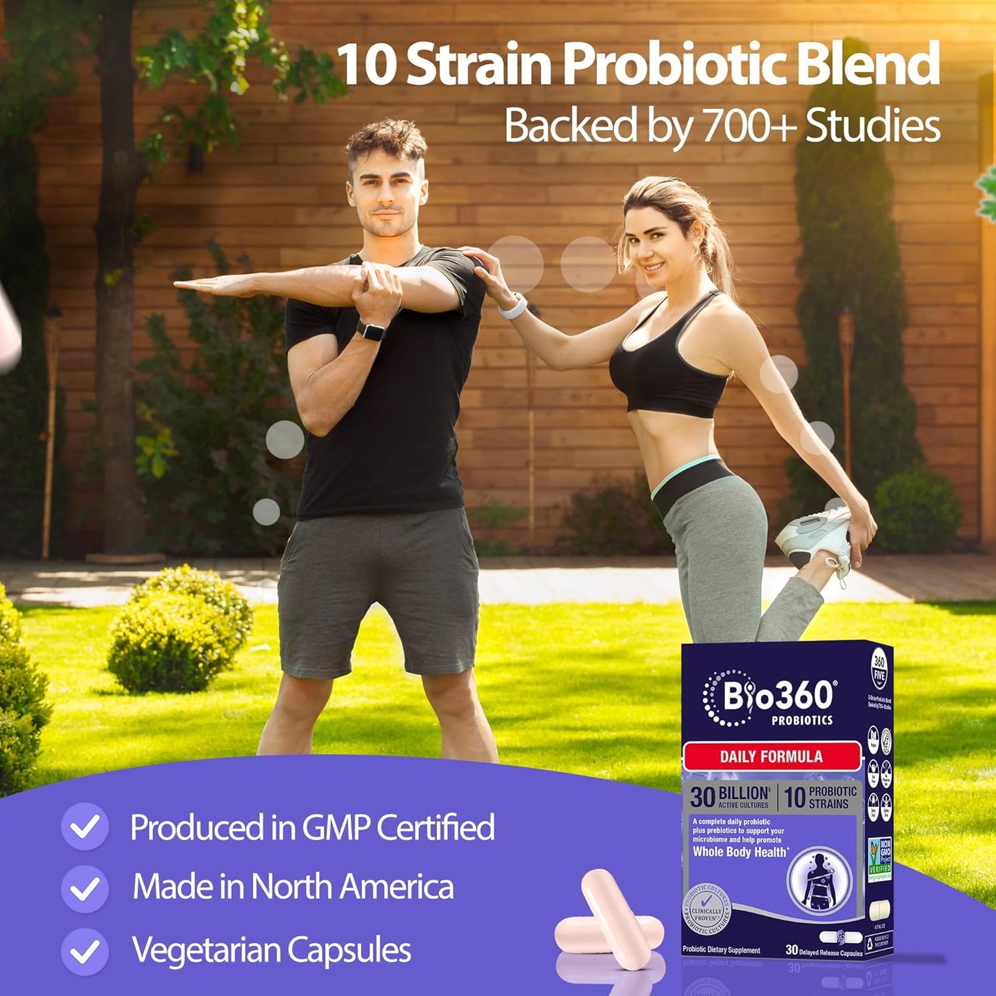 Bio360 Adult Daily Probiotic Supplement for Women & Men, 30 Billion CFU, 10 Strains, Organic Prebiotic Fibers, Digestive & Immune Health, Occasional Constipation, Diarrhea, Gas & Bloating, 30CT