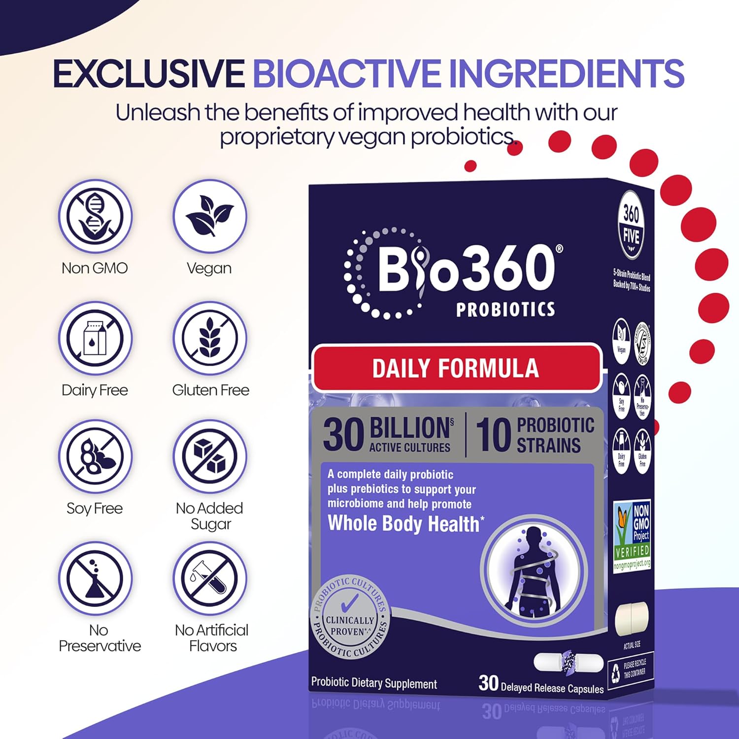 Bio360 Adult Daily Probiotic Supplement for Women & Men, 30 Billion CFU, 10 Strains, Organic Prebiotic Fibers, Digestive & Immune Health, Occasional Constipation, Diarrhea, Gas & Bloating, 30CT