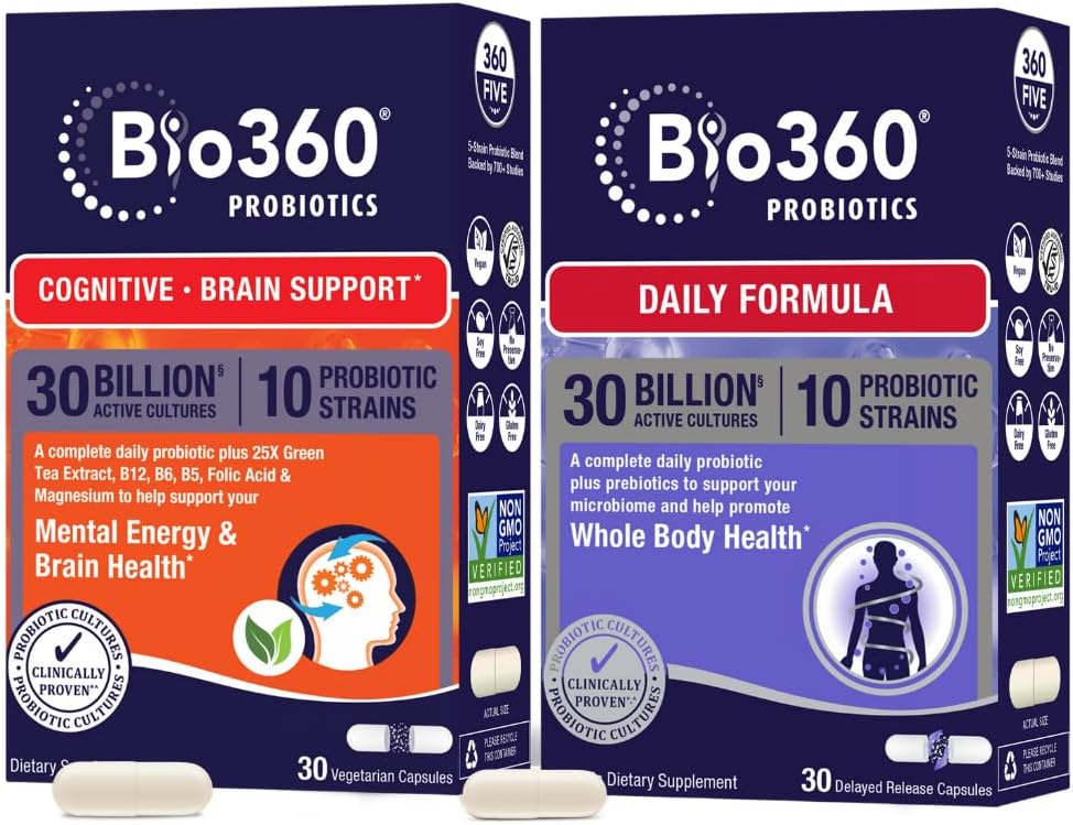 Bio360 Cognitive and Daily Probiotics Bundle - Brain and Gut Support, Memory, Focus, Digestion - 60 Vegan Supplements