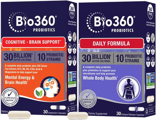 Bio360 Cognitive and Daily Probiotics Bundle - Brain and Gut Support, Memory, Focus, Digestion - 60 Vegan Supplements