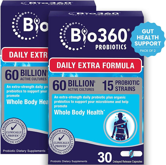 Bio360 Probiotic Supplement for Digestive & Immune Health - 60 Billion CFU, 15 Strains - Gut Health Support for Men & Women - 60 Capsules