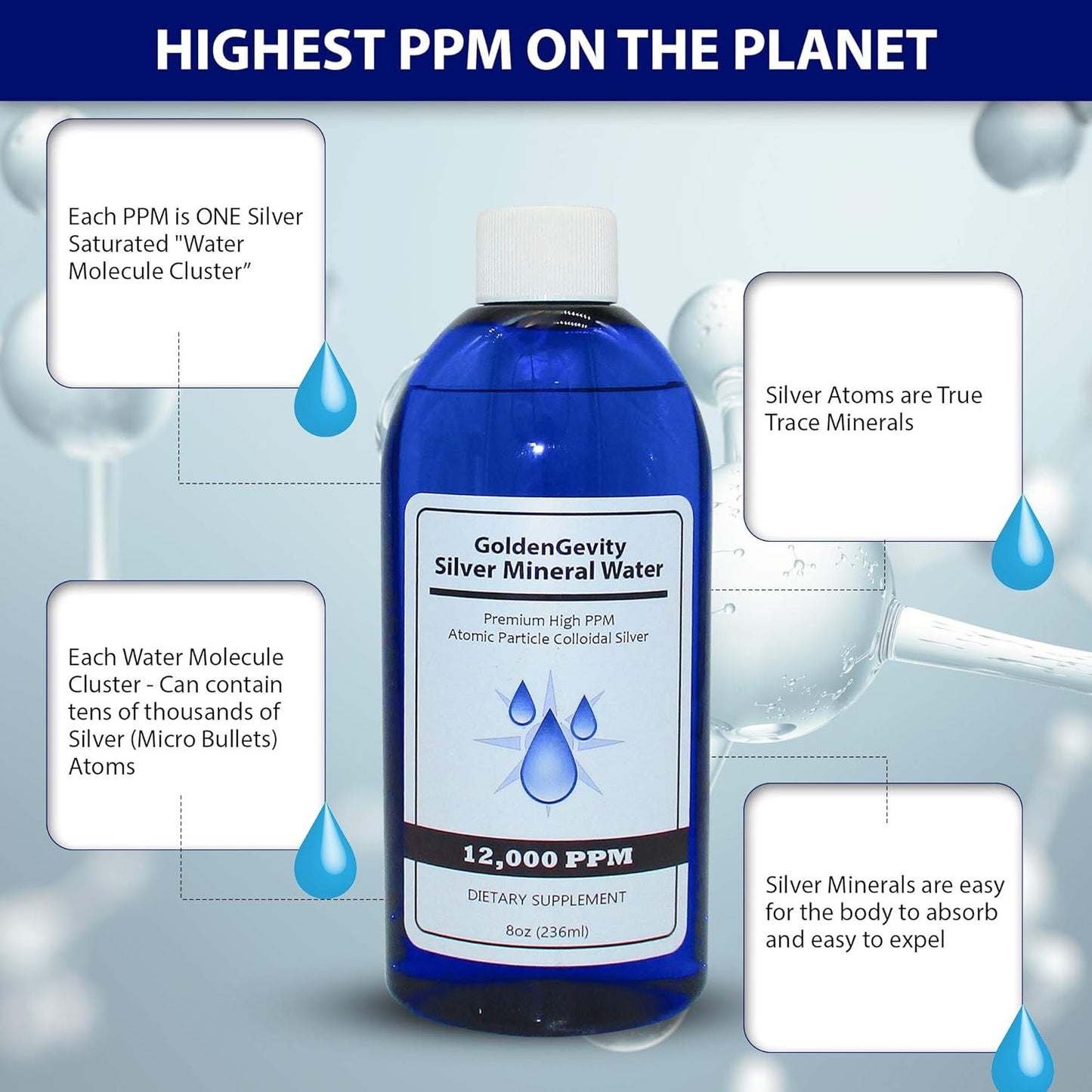 Bioactive Atomic Colloidal Silver Supplement 12,000 PPM, 8 oz - Immune Support, Non-Toxic Trace Minerals