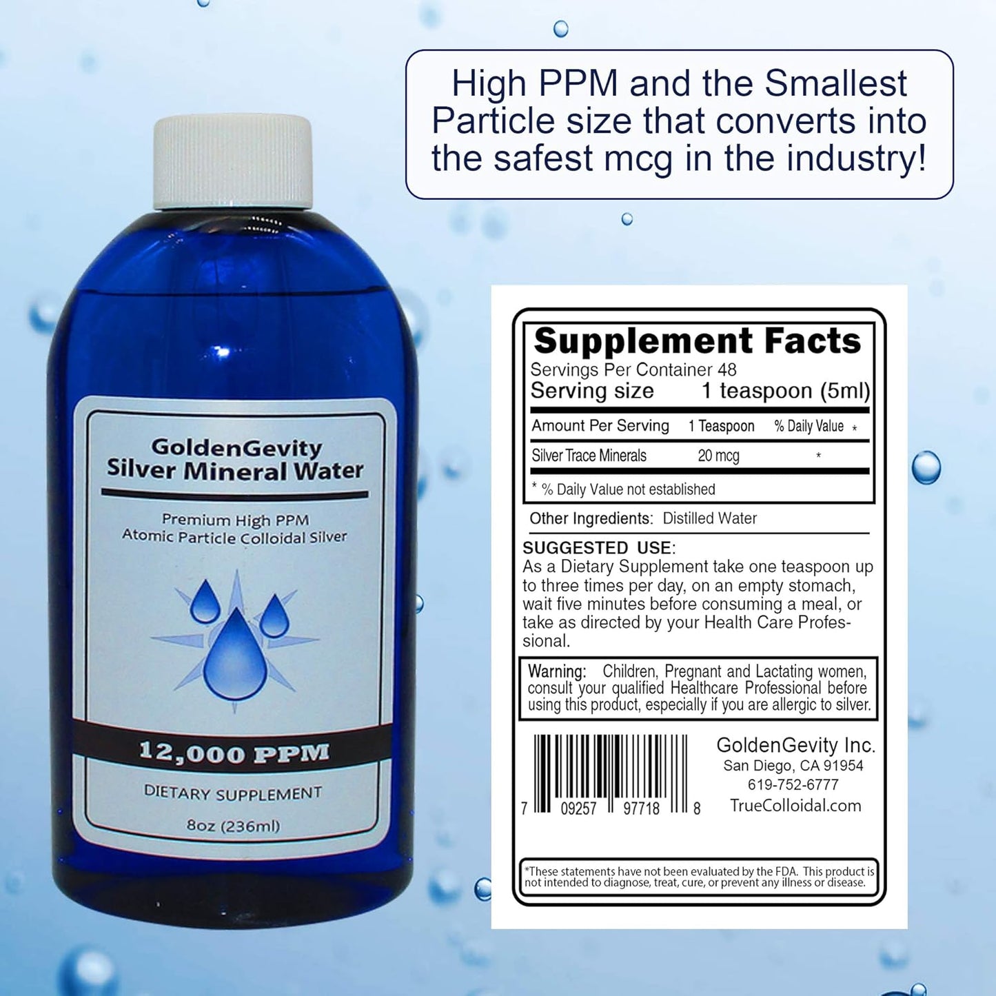 Bioactive Atomic Colloidal Silver Supplement 12,000 PPM, 8 oz - Immune Support, Non-Toxic Trace Minerals