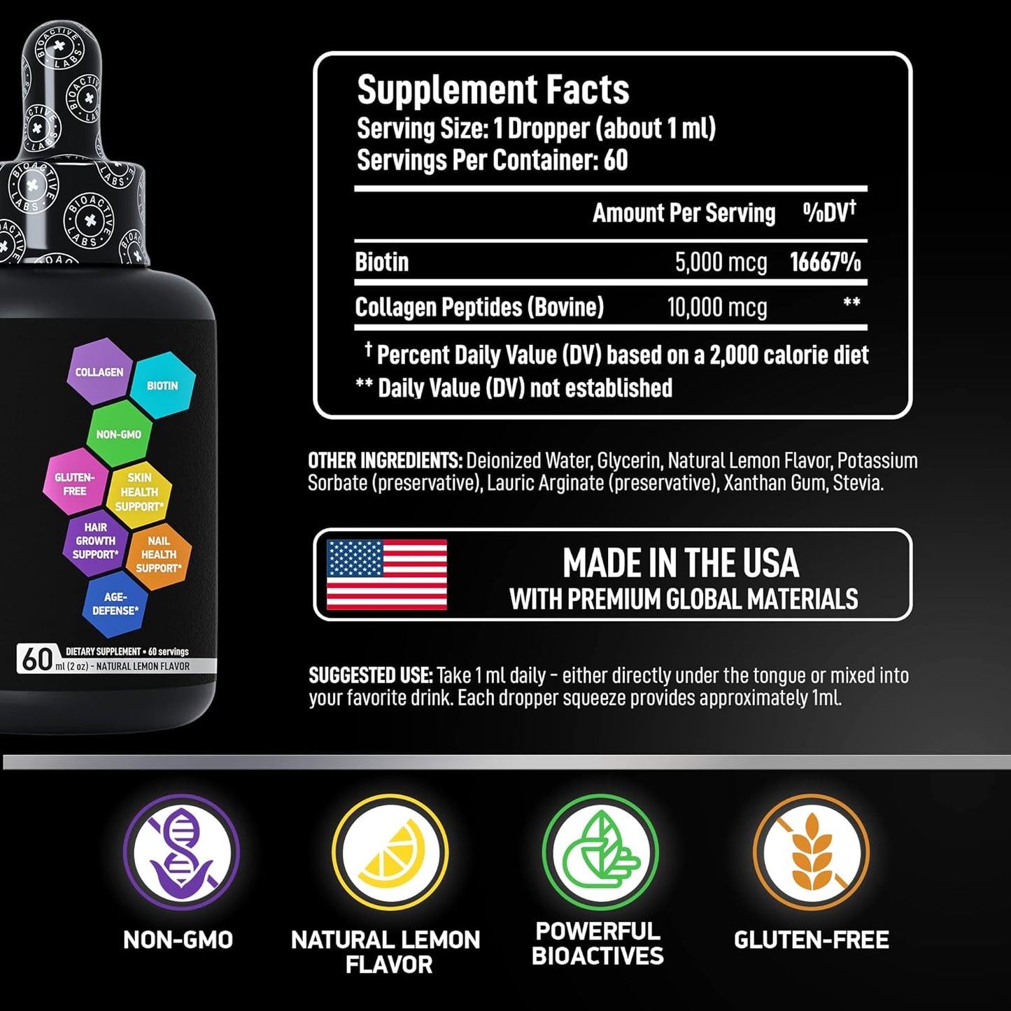 BIOACTIVE LABS Hydrolyzed Collagen and Biotin Drops for Hair, Skin, and Nails - Lemon Flavor - Type 1 & 3 - 2-Pack, 120ml