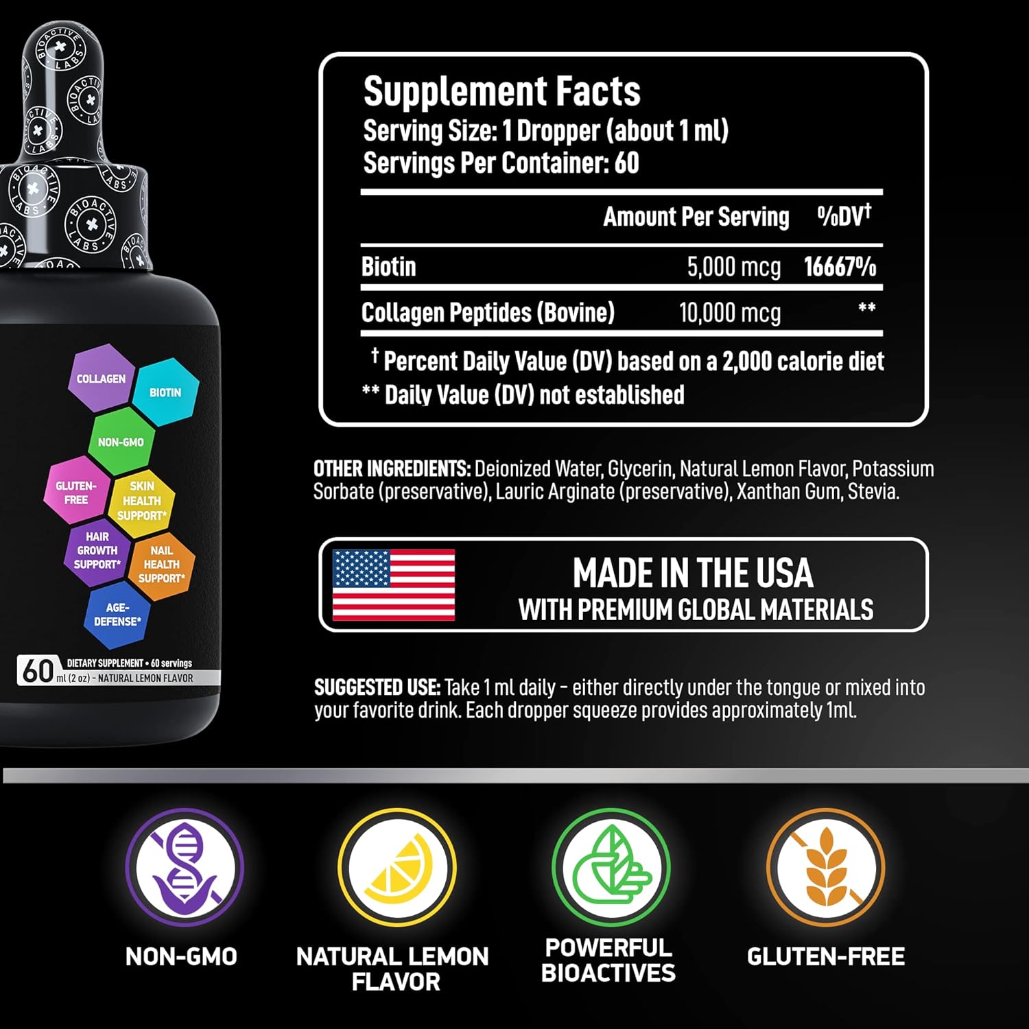 BIOACTIVE LABS Hydrolyzed Collagen and Biotin Drops for Hair, Skin, and Nails - Lemon Flavor - Type 1 & 3 - 2-Pack, 120ml