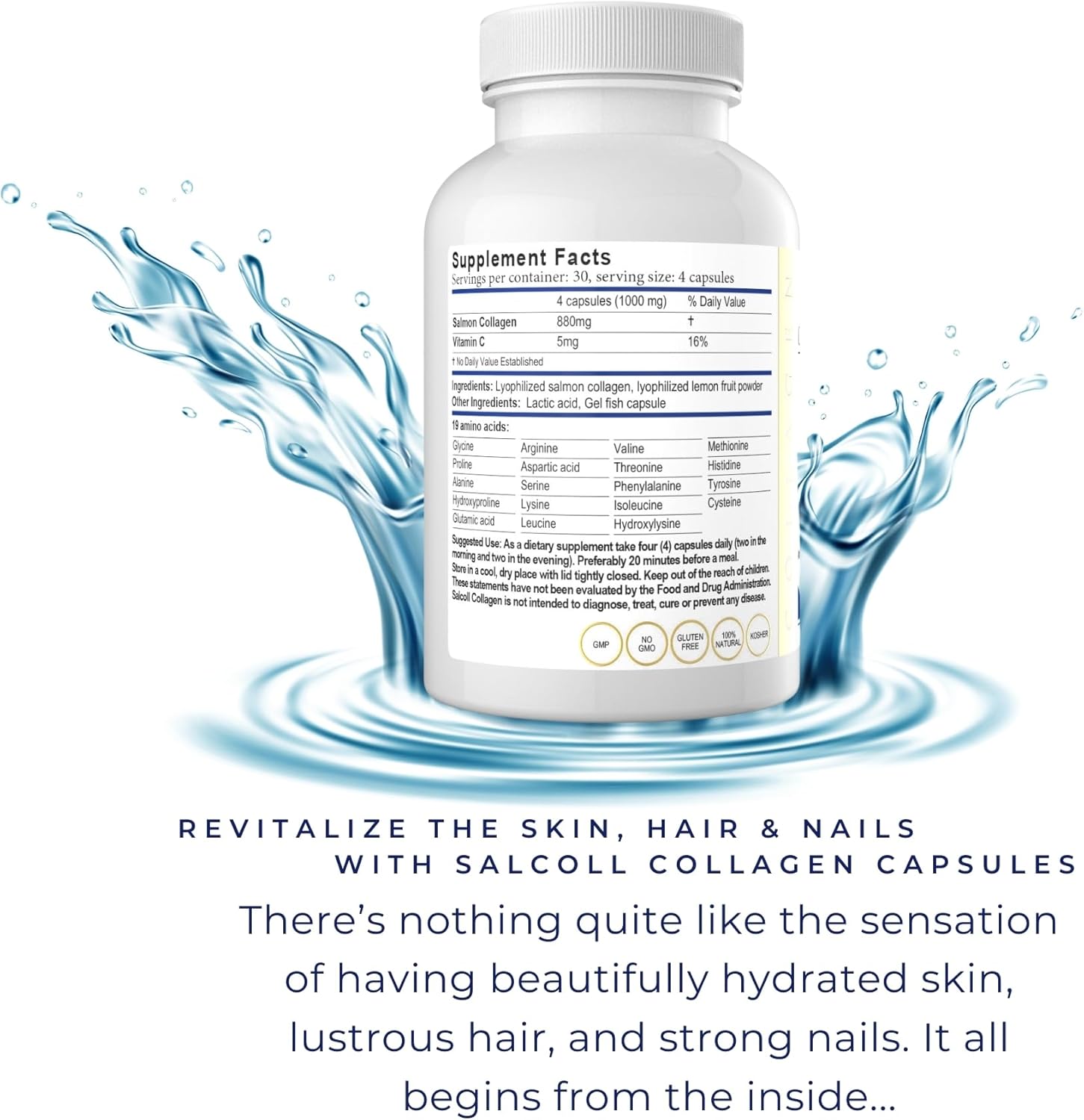 Bioactive Marine Collagen Capsules for Skin, Hair, Nails. Anti-Aging Supplement for Women & Men - 120 Capsules, One Month Supply