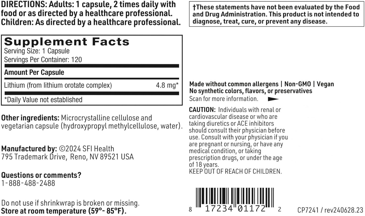 Bioavailable Lithium Orotate Supplement for Mood Balance - 4.8 mg - Supports Focus, Memory, and Cognitive Function - 120 Vegan Capsules