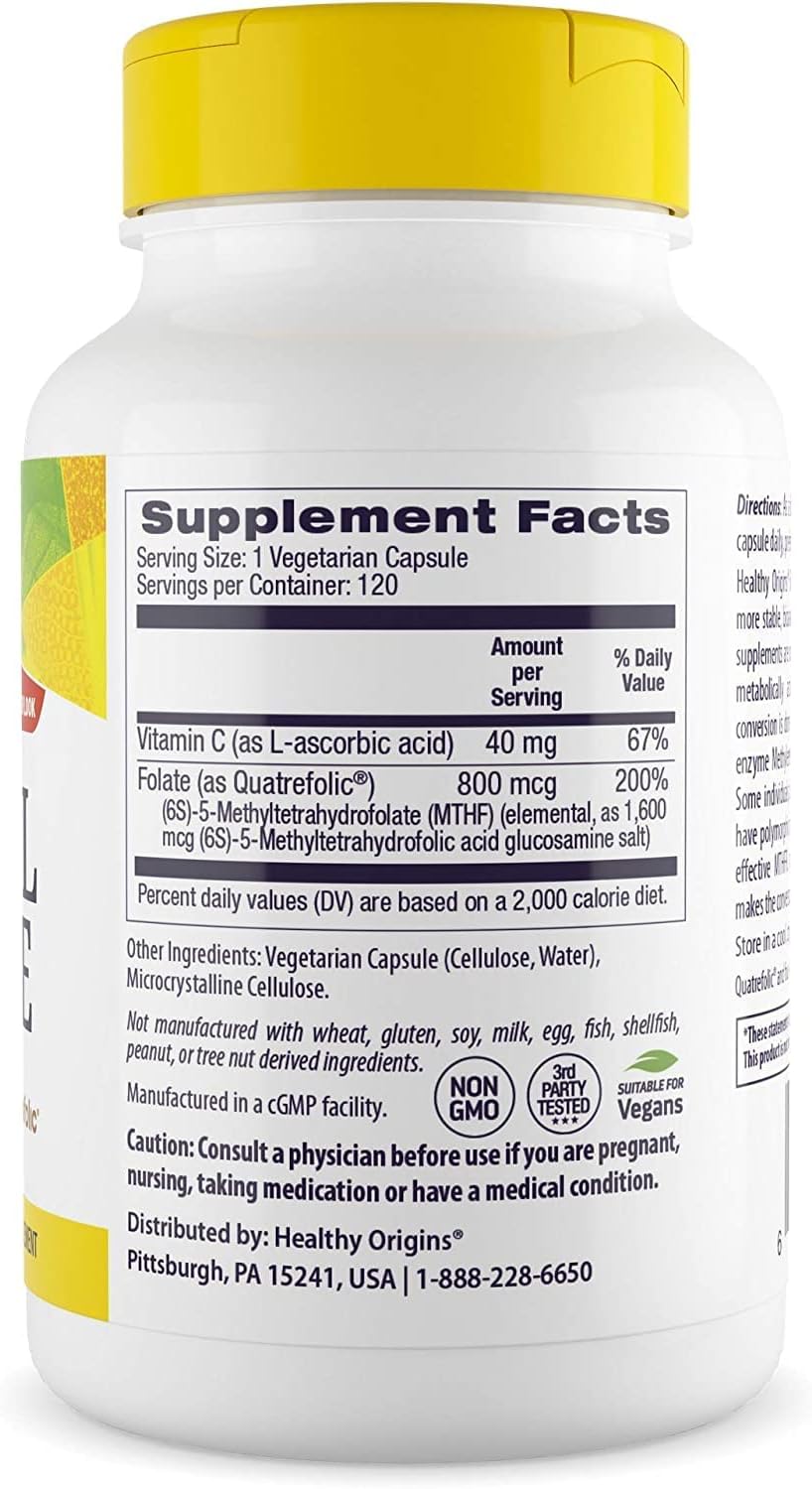 Bioavailable Methyl Folate Supplement with Quatrefolic - 800 mcg - Vegan, Non-GMO, Gluten-Free - 120 Veg Caps