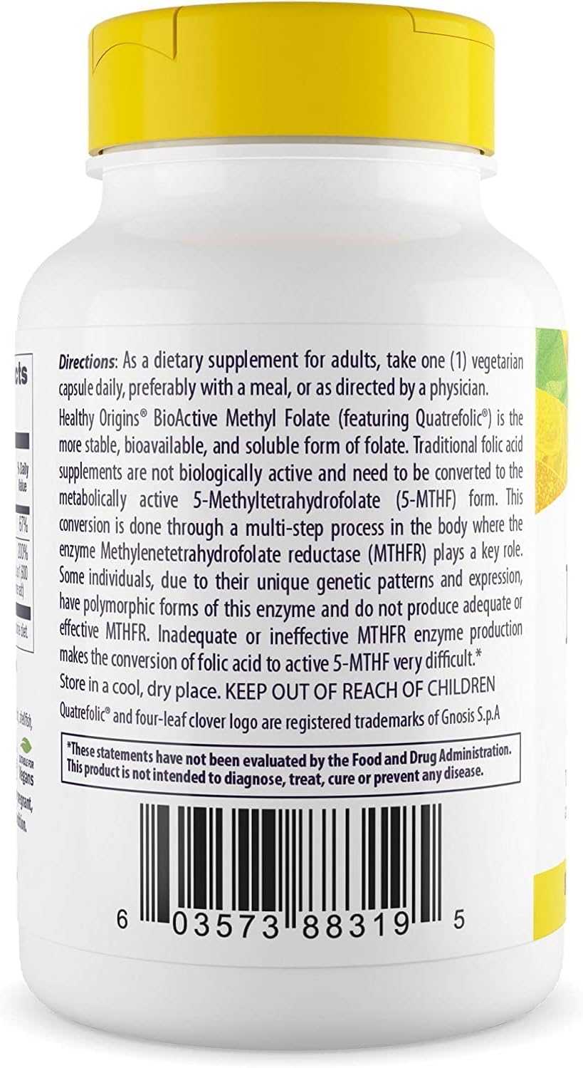 Bioavailable Methyl Folate Supplement with Quatrefolic - 800 mcg - Vegan, Non-GMO, Gluten-Free - 120 Veg Caps