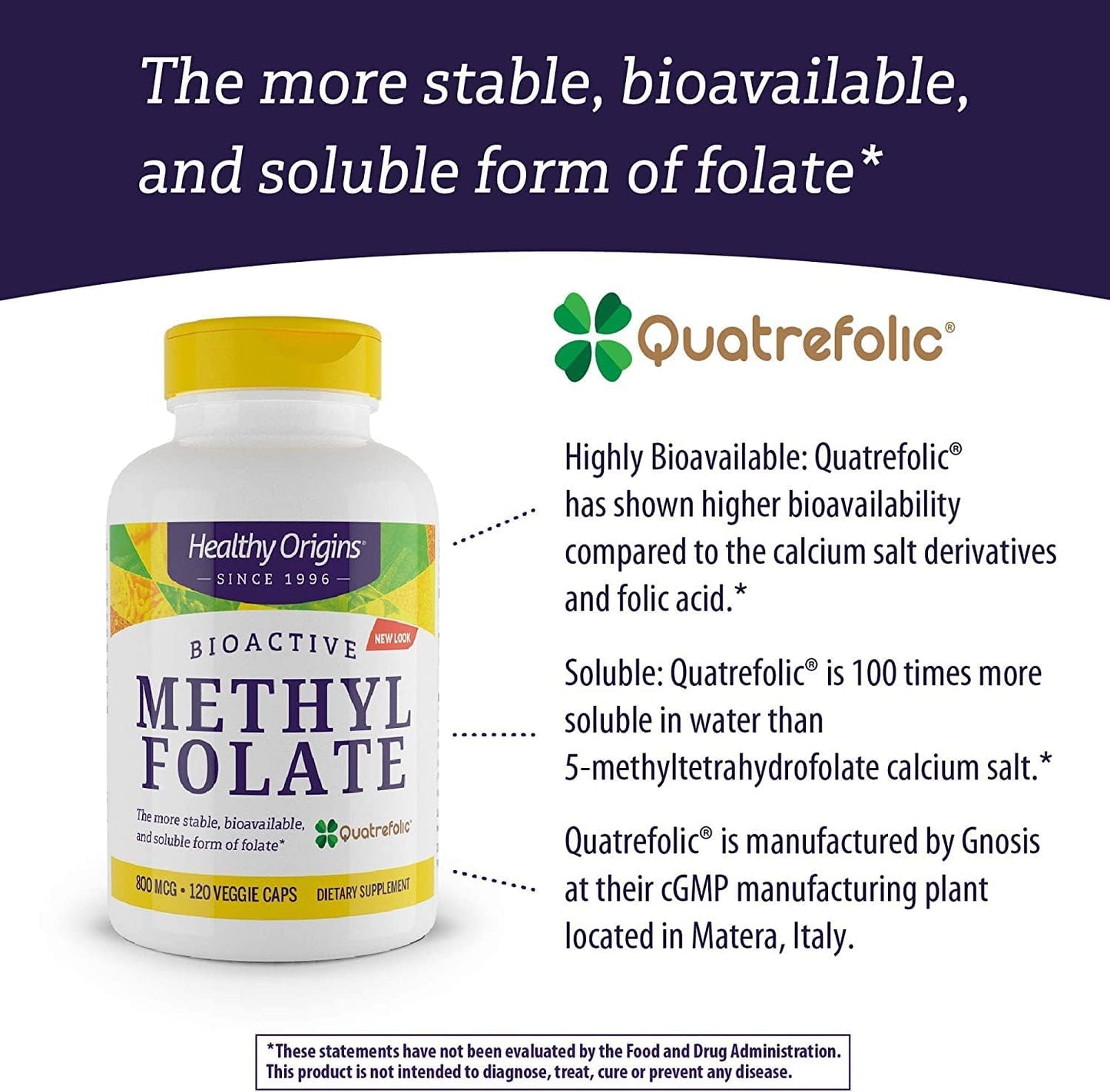 Bioavailable Methyl Folate Supplement with Quatrefolic - 800 mcg - Vegan, Non-GMO, Gluten-Free - 120 Veg Caps