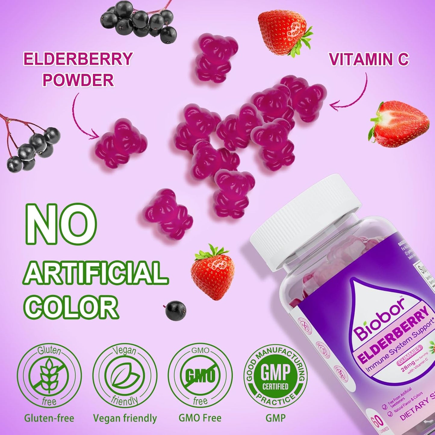 Biobor Elderberry Gummies with Vitamin C for Immune Support - Gluten Free Vegan Supplement for Adults and Kids (Strawberry, 60 Count) - BoostGo Australia