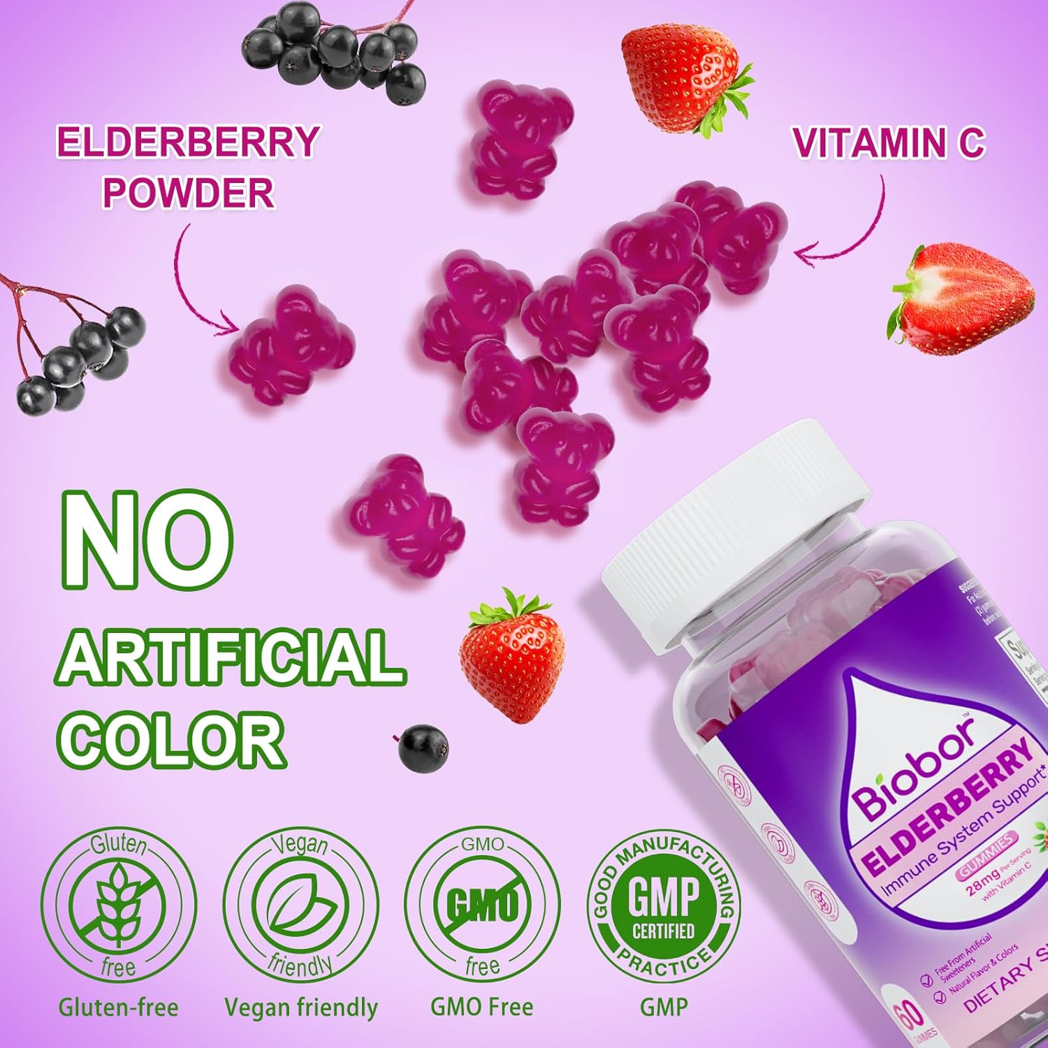 Biobor Elderberry Gummies with Vitamin C for Immune Support - Gluten Free Vegan Supplement for Adults and Kids (Strawberry, 60 Count) - BoostGo Australia
