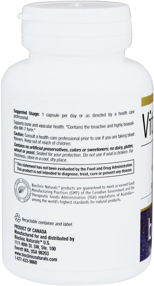 Bioclinic Naturals Vitamin K2 Supplement - 100 mcg - 90 Vegetarian Capsules