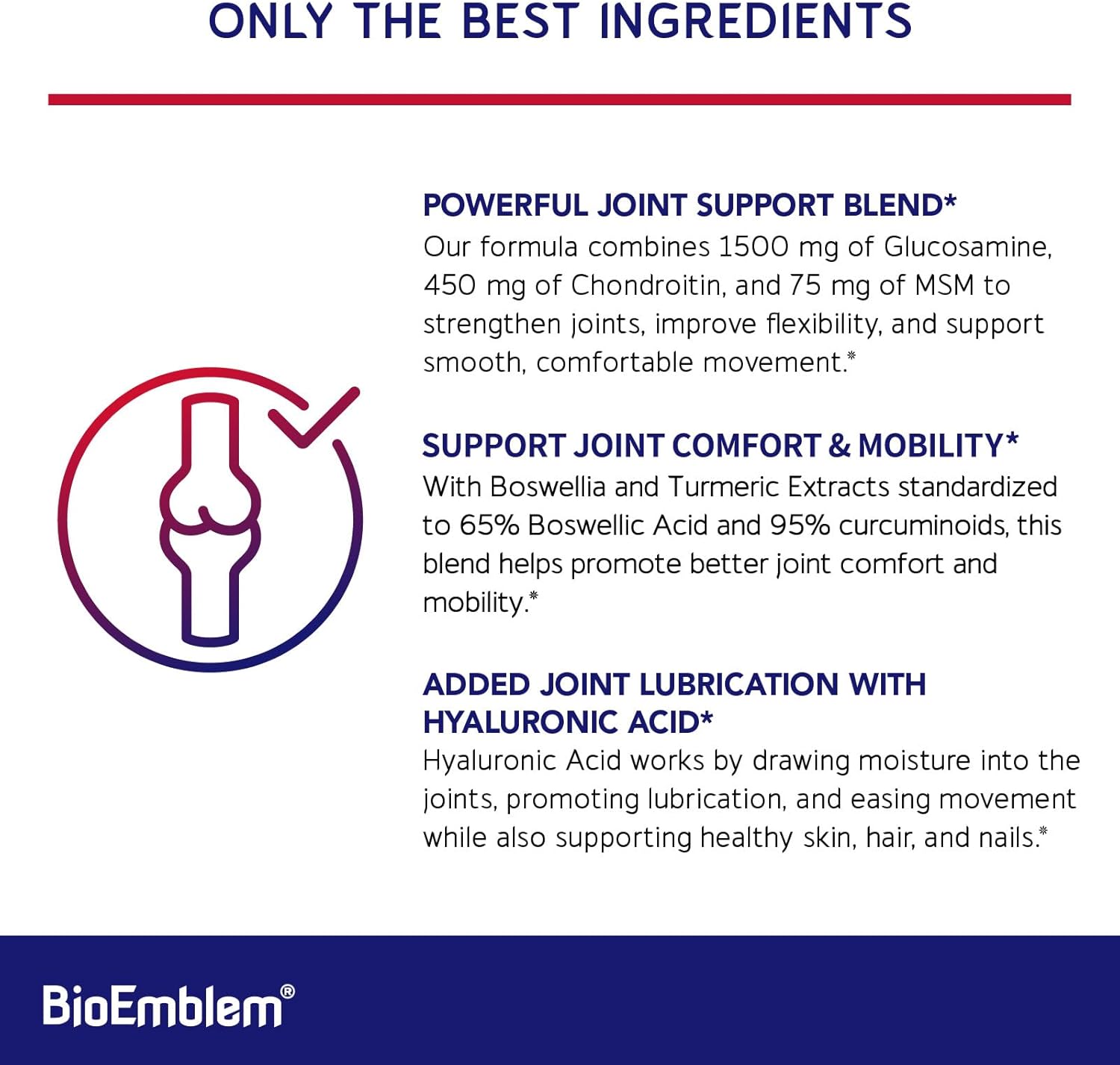 BioEmblem Joint Support Supplement with Glucosamine Chondroitin, MSM, Boswellia, Turmeric, Hyaluronic Acid - 90 Capsules - BoostGo Australia