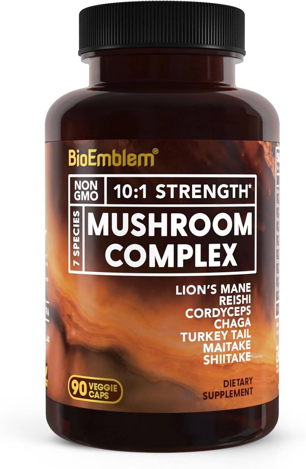 BioEmblem Mushroom Complex - Premium 10:1 Strength with 7 Species - Lions Mane, Reishi, Cordyceps, Chaga, Maitake, Shiitake - Immune Support, Energy, Focus - Non-GMO, Vegan - 90 Capsules