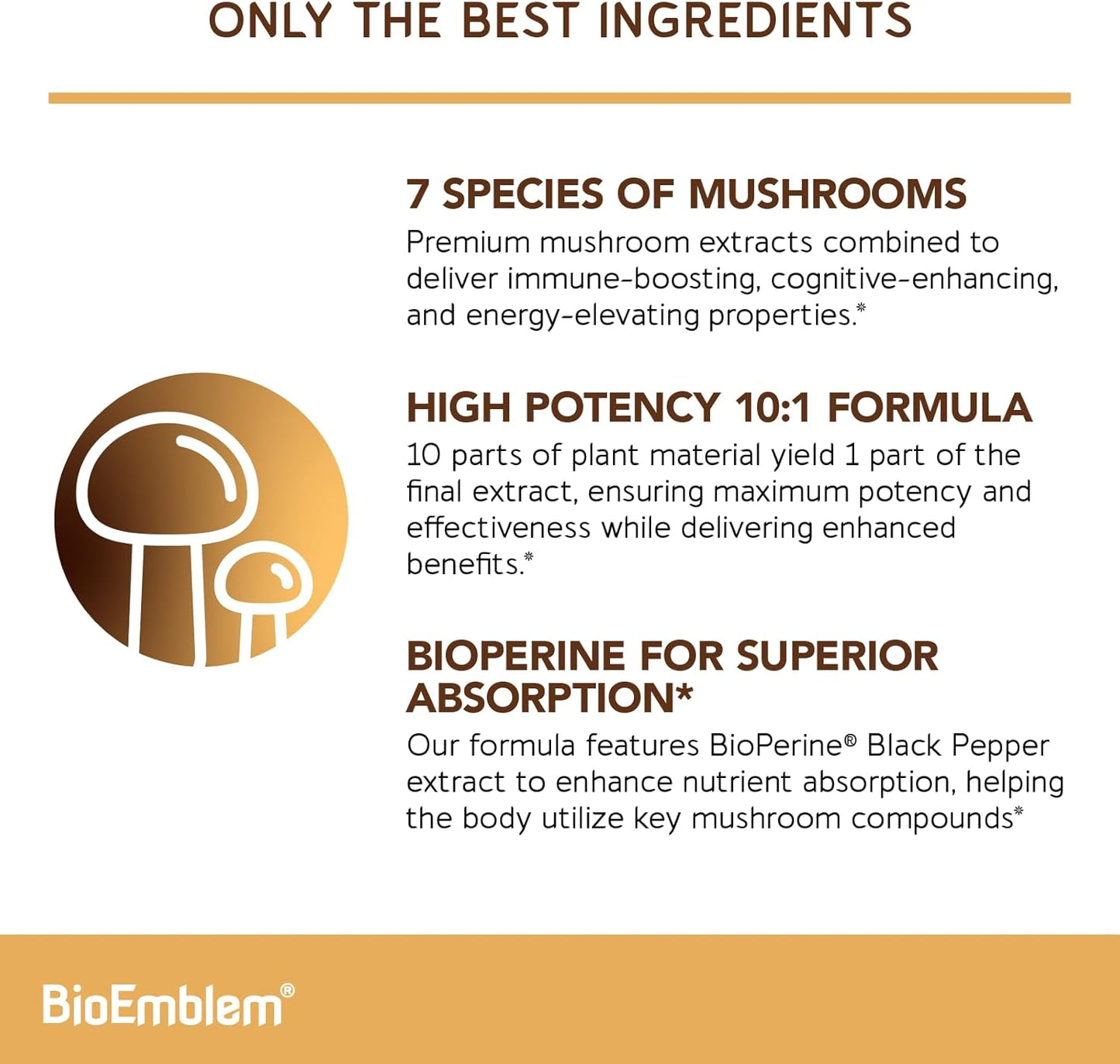 BioEmblem Mushroom Complex - Premium 10:1 Strength with 7 Species - Lions Mane, Reishi, Cordyceps, Chaga, Maitake, Shiitake - Immune Support, Energy, Focus - Non-GMO, Vegan - 90 Capsules