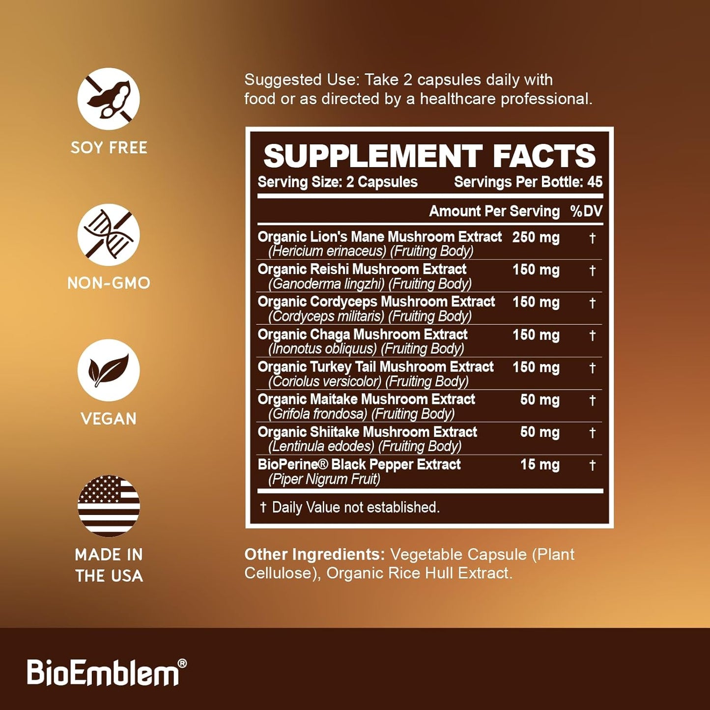 BioEmblem Mushroom Complex - Premium 10:1 Strength with 7 Species - Lions Mane, Reishi, Cordyceps, Chaga, Maitake, Shiitake - Immune Support, Energy, Focus - Non-GMO, Vegan - 90 Capsules