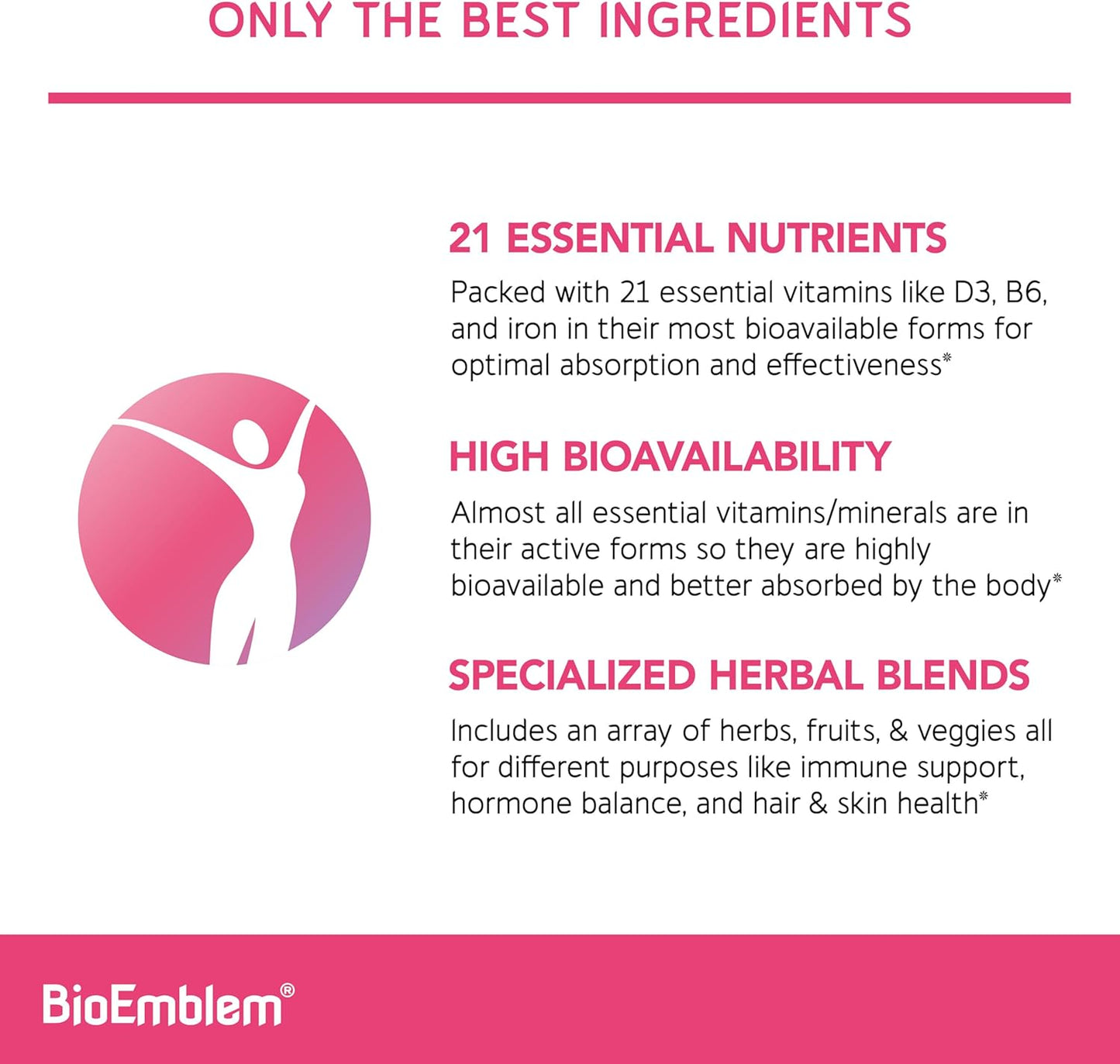BioEmblem Women's Multivitamin Capsules - Immunity, Energy, Hair & Skin Support - Vitamin A, B12, B6, D3, Biotin, Iron, Magnesium, Collagen - Gluten Free - 90 Count