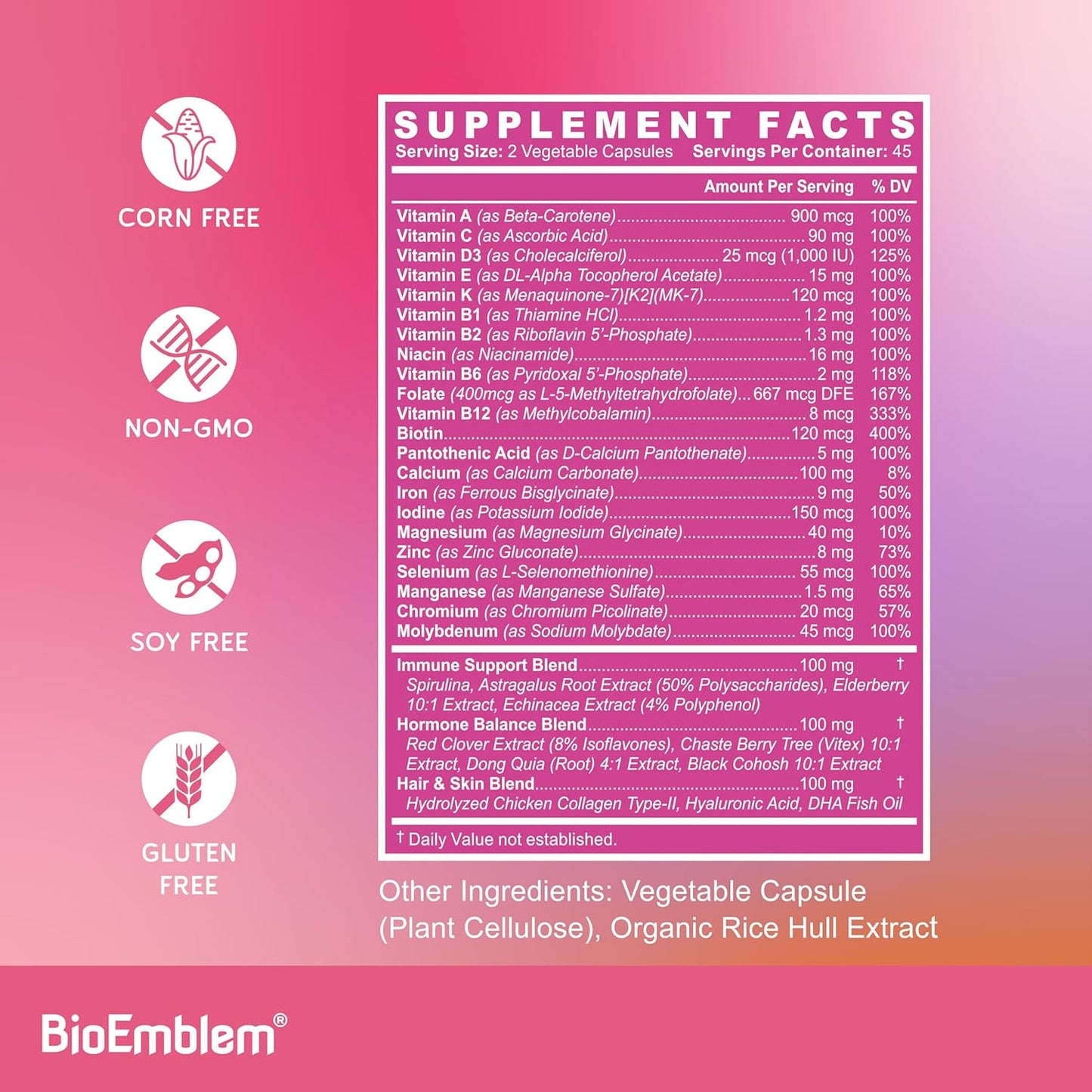 BioEmblem Women's Multivitamin Capsules - Immunity, Energy, Hair & Skin Support - Vitamin A, B12, B6, D3, Biotin, Iron, Magnesium, Collagen - Gluten Free - 90 Count