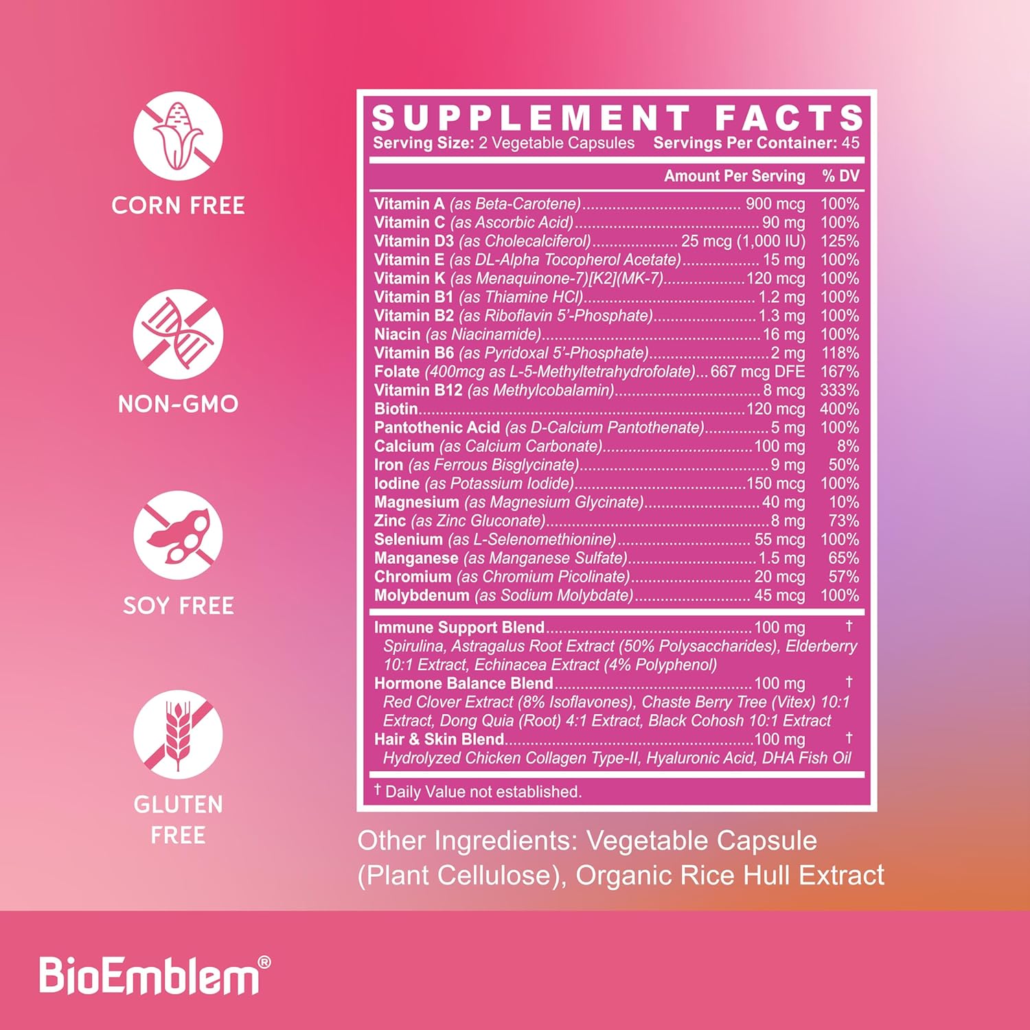 BioEmblem Women's Multivitamin Capsules - Immunity, Energy, Hair & Skin Support - Vitamin A, B12, B6, D3, Biotin, Iron, Magnesium, Collagen - Gluten Free - 90 Count