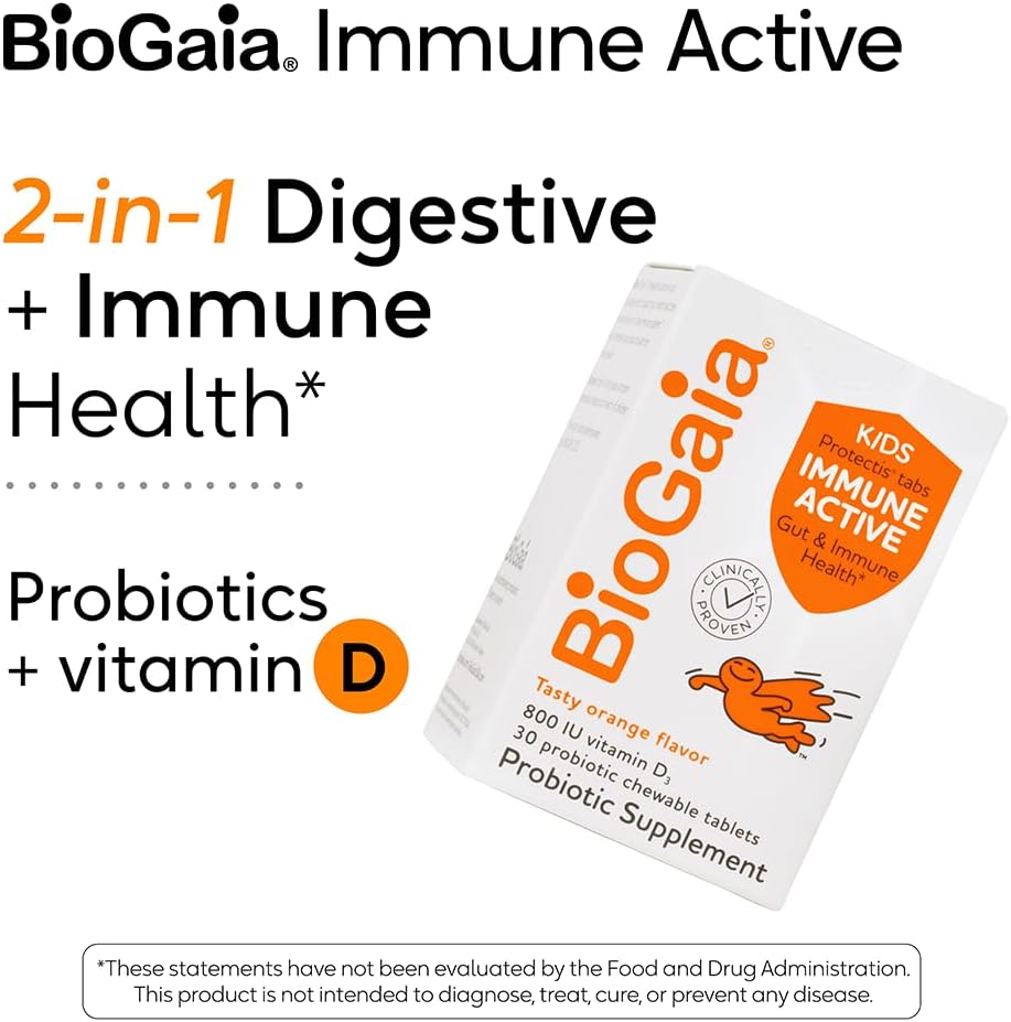 BioGaia Immune Active Kids Probiotic with Vitamin D for Digestive and Immune Health - Ages 3+, Allergen-Free, Pediatrician Trusted - 30 Day Supply, Orange Chewable