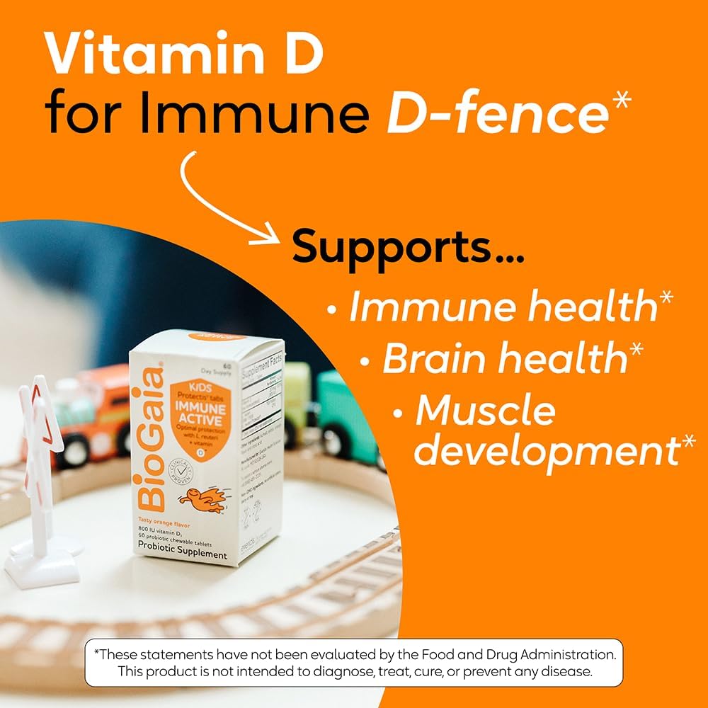 BioGaia Immune Active Kids Probiotic with Vitamin D for Digestive and Immune Health - Ages 3+, Allergen-Free, Pediatrician Trusted - 30 Day Supply, Orange Chewable