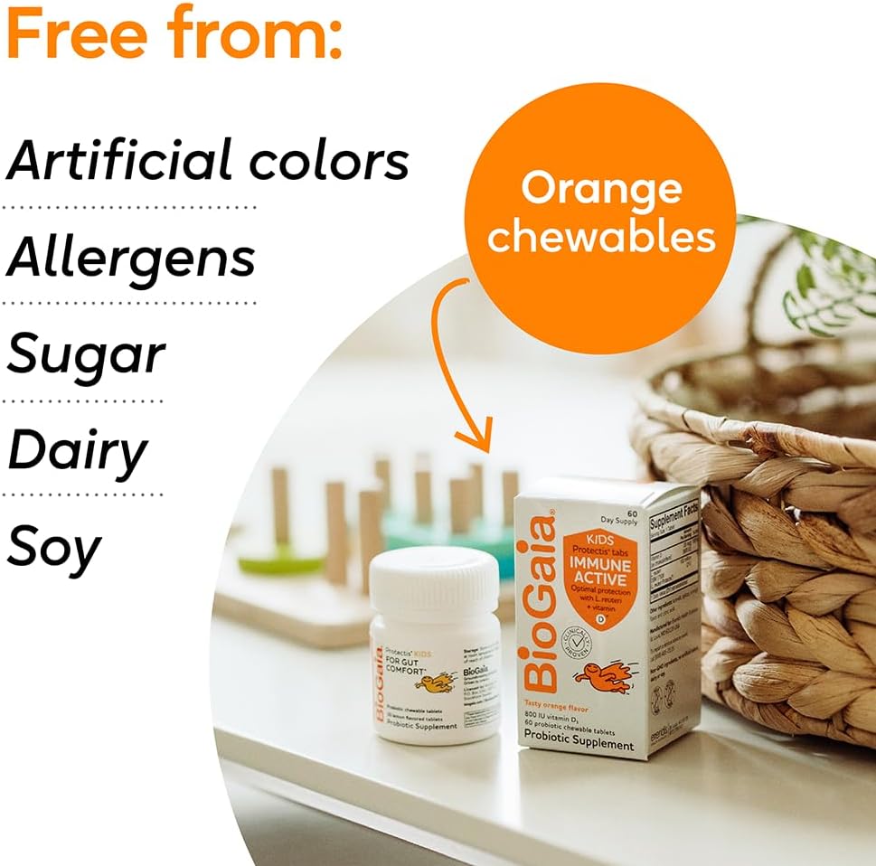 BioGaia Immune Active Kids Probiotic with Vitamin D for Digestive and Immune Health - Ages 3+, Allergen-Free, Pediatrician Trusted - 30 Day Supply, Orange Chewable