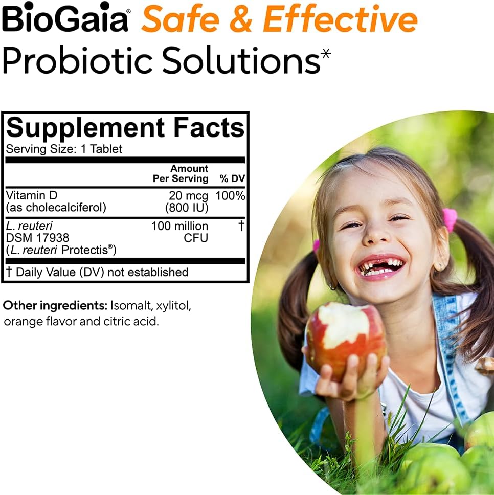 BioGaia Immune Active Kids Probiotic with Vitamin D for Digestive and Immune Health - Ages 3+, Allergen-Free, Pediatrician Trusted - 30 Day Supply, Orange Chewable