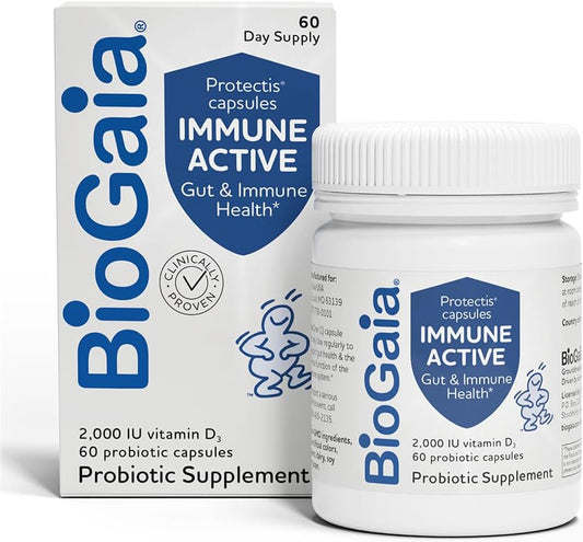BioGaia Protectis Immune Active Probiotic with Vitamin D - Supports Digestive & Immune Health - Probiotics for Men & Women - 60 Capsules