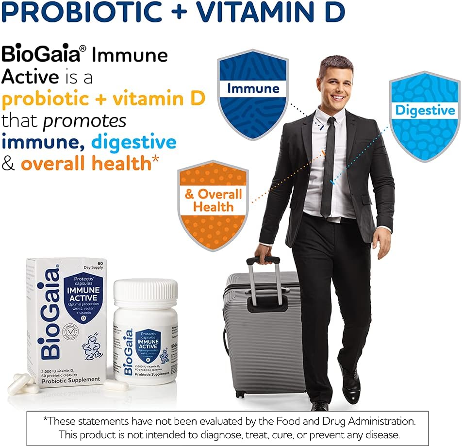 BioGaia Protectis Immune Active Probiotic with Vitamin D - Supports Digestive & Immune Health - Probiotics for Men & Women - 60 Capsules