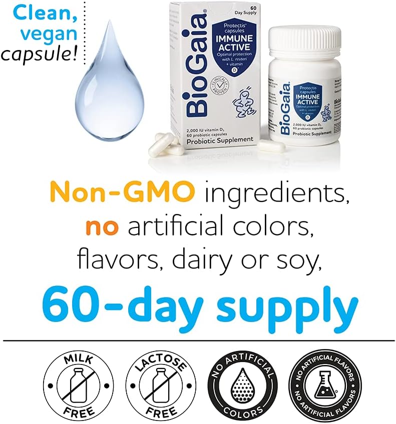 BioGaia Protectis Immune Active Probiotic with Vitamin D - Supports Digestive & Immune Health - Probiotics for Men & Women - 60 Capsules
