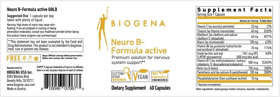 Biogena Neuro B-Formula Active Gold Capsules with Vitamin B Complex for Psyche & Nervous System Support