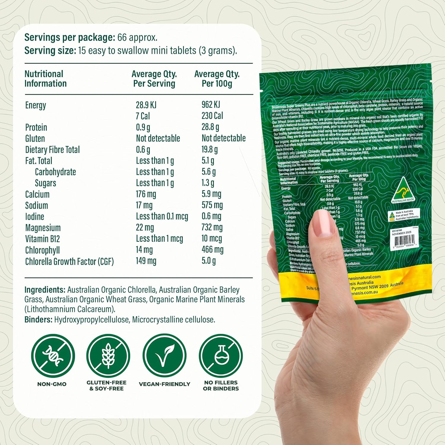 Biogenesis Organic SuperGreens Tablets with Chlorella, Barley Grass, Wheat Grass, Marine Plant Minerals - 1000 Count - Made in Australia