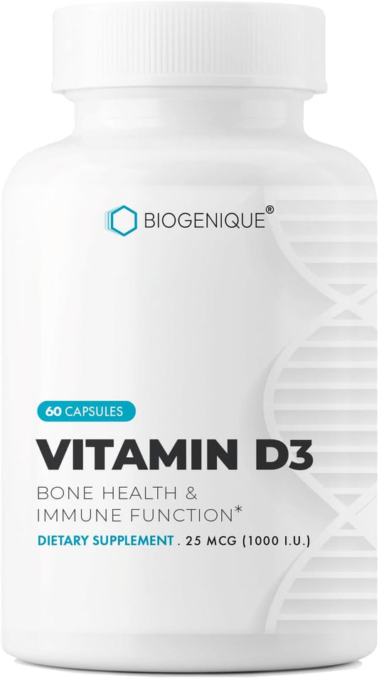 Biogenique Naturals Vitamin D3 1000 IU Capsules for Bone Health, 60 Count - Non-GMO, Gluten & Dairy Free, Supports Overall Health & Prevents Deficiency