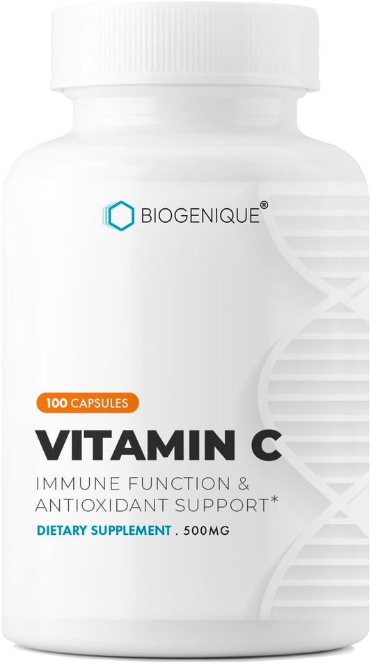 Biogenique Vitamin C 500mg Capsules - Natural Ascorbic Acid Immune Support Supplement for Adults - Vegan & Non-GMO