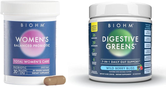 BIOHM Women's Probiotics & Super Greens + Kids Berry Blast Bundle: Gut Health Support, 30B CFU, 9 Strains, Antioxidants, 30-Day Supply