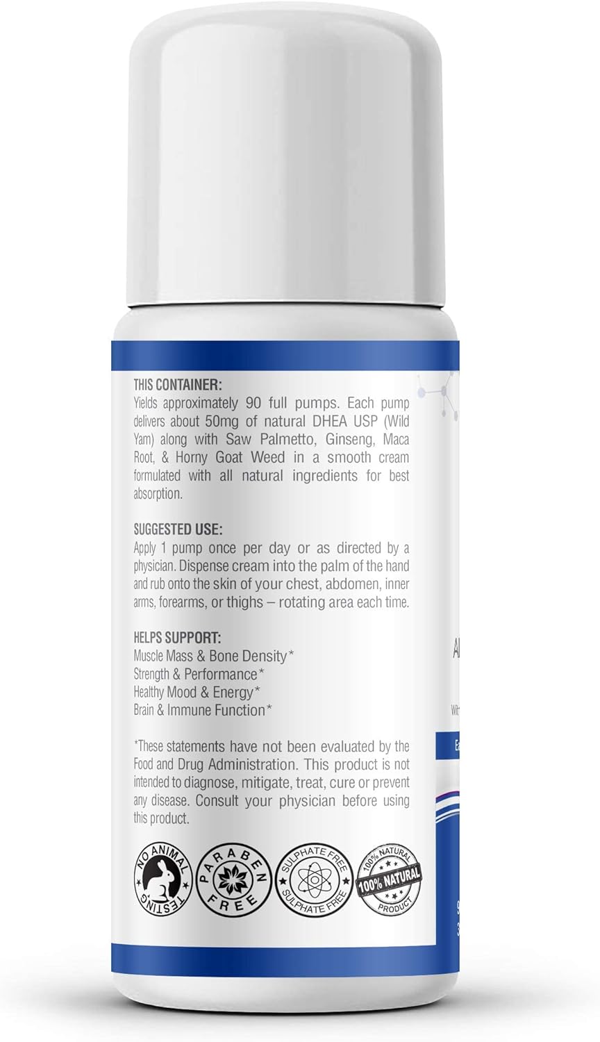 Bioidentical DHEA Cream 50mg for Men & Women - Natural Energy & Mood Support - Hormone Balance & Healthy Aging - 90 Day Supply, USA Made