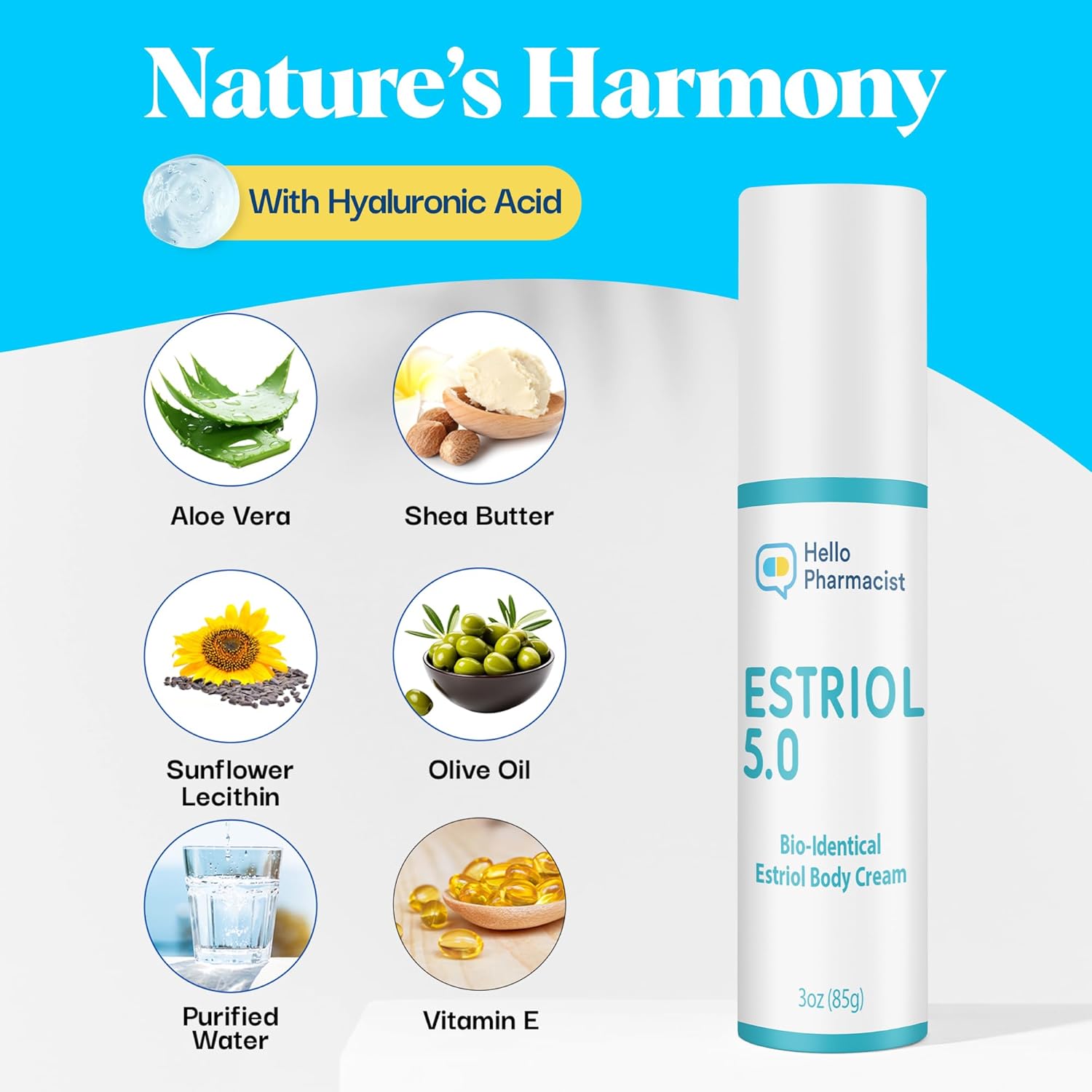 Bioidentical USP Micronized Estriol 5.0 Menopause Relief Cream with Vitamin E & Hyaluronic Acid - 5 mg Estriol - Shea Butter & Moisturizers - 3 oz