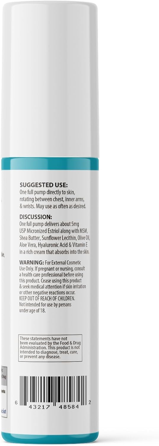 Bioidentical USP Micronized Estriol 5.0 Menopause Relief Cream with Vitamin E & Hyaluronic Acid - 5 mg Estriol - Shea Butter & Moisturizers - 3 oz