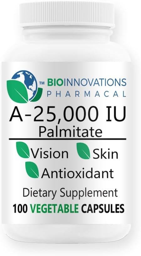 BioInnovations Pharmacal A-25,000 IU Palmitate Powder Capsules - Non-GMO Antioxidant for Skin, Bones, Vision & Immune System - 100 Count