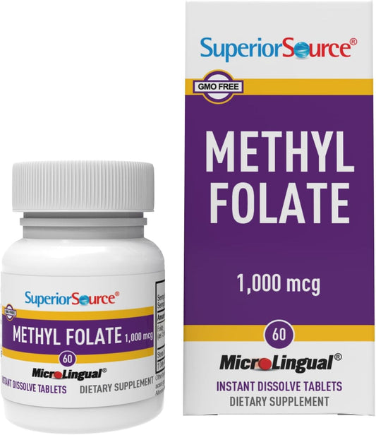 Biologically Active Methylfolate 5-MTHF 1000mcg Tablets, 60 Ct - Cardiovascular & Energy Support, Prenatal - Non-GMO, Quick Dissolve