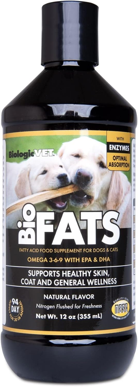 BiologicVET BioFATS Omega 3-6-9 Fatty Acids with EPA & DHA, Promotes Healthy Skin and Coat, 94-Day Supply for 30-lb. Pets, 12 oz. Bottle