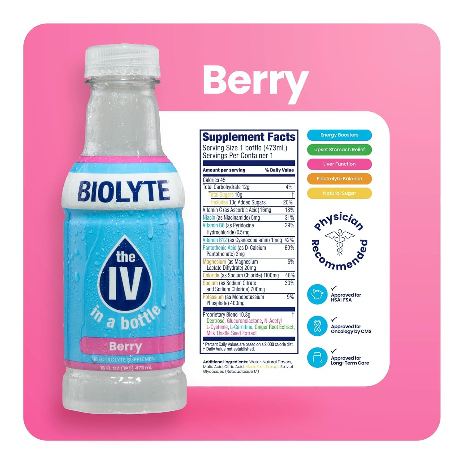 BIOLYTE Electrolyte Drink - Berry Flavored Hydration Beverage with Electrolytes for Energy & Rehydration - 16 Fl Oz (12 Pack)