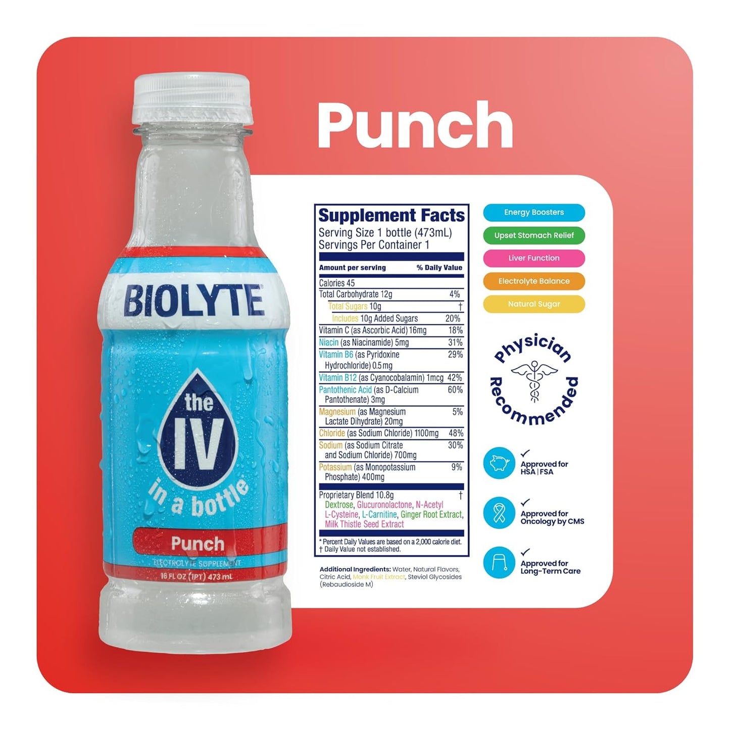 BIOLYTE Electrolyte Drink - Hydration & Energy Sports Drink with Electrolytes, Punch Flavor, 16 Fl Oz (12 Pack)