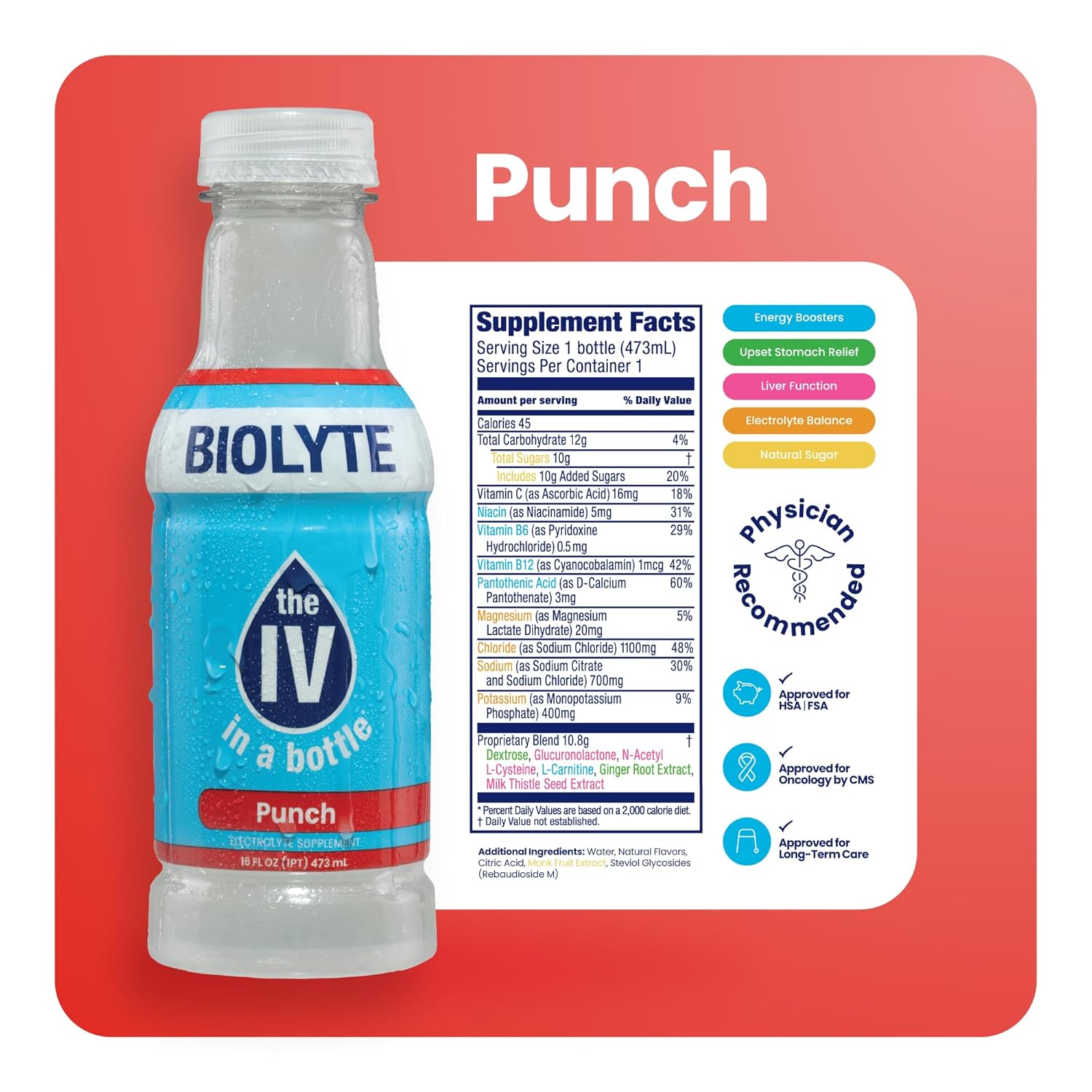 BIOLYTE Electrolyte Drink - Hydration & Energy Sports Drink with Electrolytes, Punch Flavor, 16 Fl Oz (12 Pack)