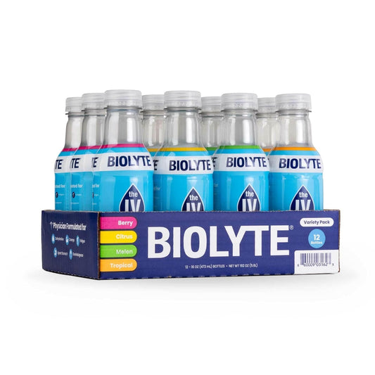 BIOLYTE Electrolyte Drink Variety Pack - Hydration and Rehydration, Flavored Water with Electrolytes for Energy - 16 Fl Oz (12 Pack)