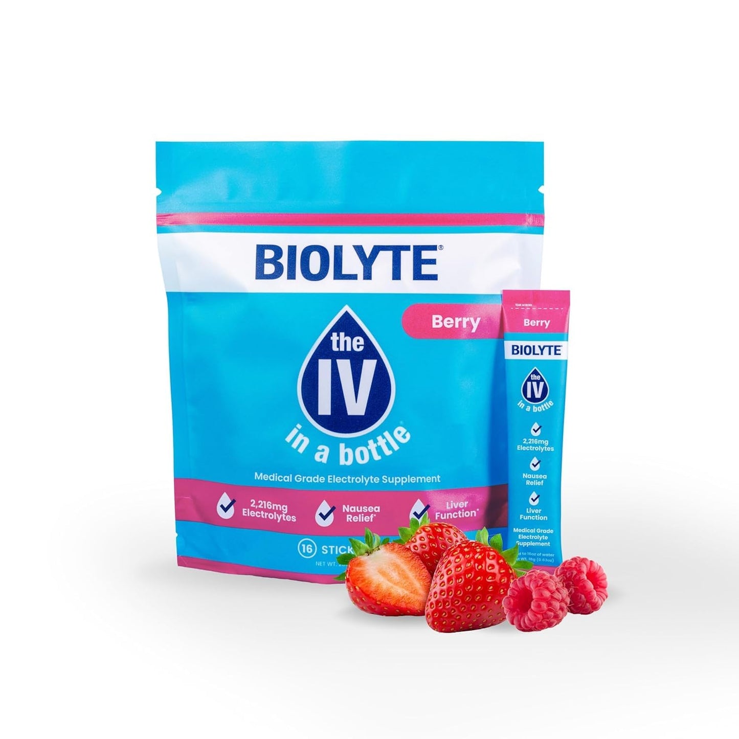 BIOLYTE IV Hydration Packets - Electrolyte Powder Mix for Dehydration Relief, Doctor-Developed Berry Drink Sticks (16 Pack)
