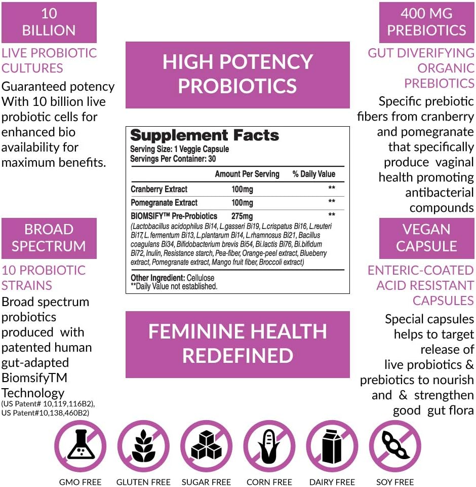 Biom Probiotics Complete Feminine Balance Daily Women's Probiotics with Prebiotics, Organic Cranberry & Pomegranate - 30 Servings