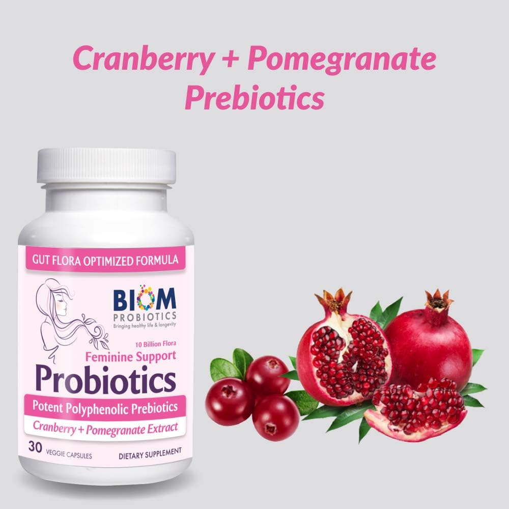 Biom Probiotics Complete Feminine Balance Daily Women's Probiotics with Prebiotics, Organic Cranberry & Pomegranate - 30 Servings